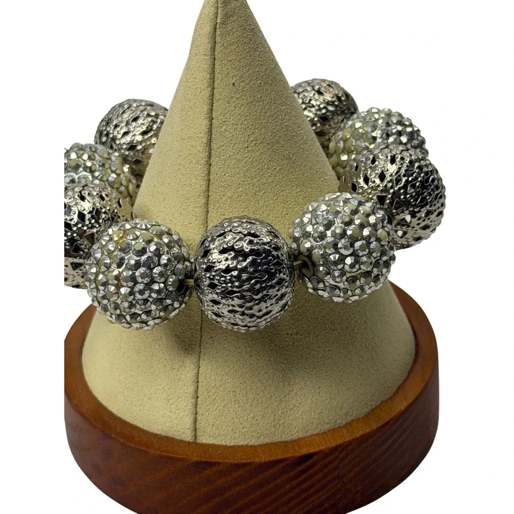 Silver Tone Filigree‎ and Pavé Rhinestone Beaded Stretch Statement Bracelet